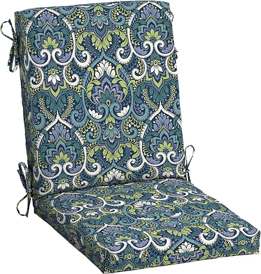 Arden 2-Pack Outdoor Patio Dining Chair Cushion, 20x44, Rain-Proof Seat Pad, Fade-Resistant Outdoor Cushion Sapphire Aurora Blue Damask