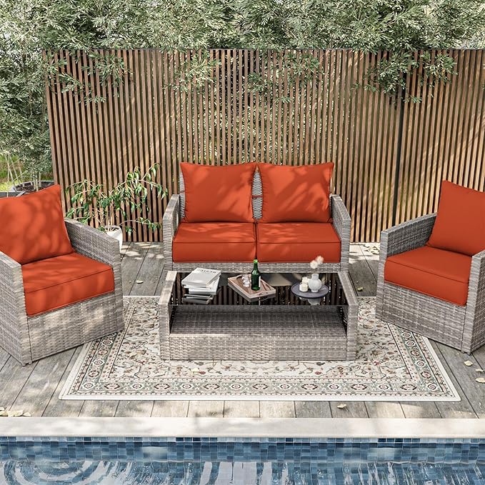 Outdoor Patio Chair Cushions Set 19 L X 19 W X 4 H Inch Waterproof & Fade Resistant Deep Seat and Back Cushions with Removable Covers Outdoor Seat Cushion Set for Chairs and Sofas