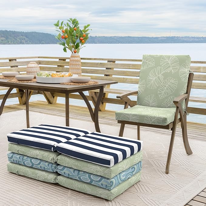 Arden 4-Pack Outdoor Patio Dining Chair Cushion, 20x44, Rain-Proof Seat Pad, Fade-Resistant Outdoor Cushion Coastal Green Leaf