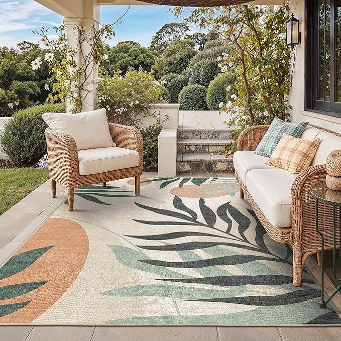 GENIMO Outdoor & Indoor Area Rug 9'x12', Waterproof, Non-Shedding, Easy Cleaning, Leaf Mat for Patio, Living Room, Balcony, Dining Room, RV, Deck, Bedroom, Camping, Outside Carpet, Beige Grey