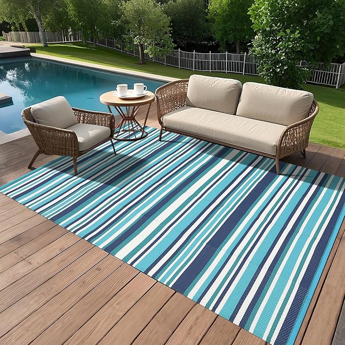Outdoor Rug 8x10 Waterproof Patio Rugs Colorful Line Reversible Mat for Front Door Rv Foldable Plastic Straw Carpet for Travel Trailers, Deck, Picnic, Porch, Camper, Balcony, Beach，Blue