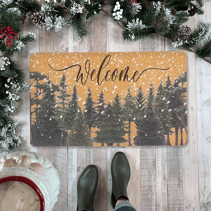 Winter Chirstmas Welcome-Doormat Outdoor-Entrance Pine-Trees Front-Door-Mat, Faux-Coir Seasonal Entryway-Rug Non-Slip Dirt-Trapping Indoor-Outside Porch Mat 17"x30" for Home Decor