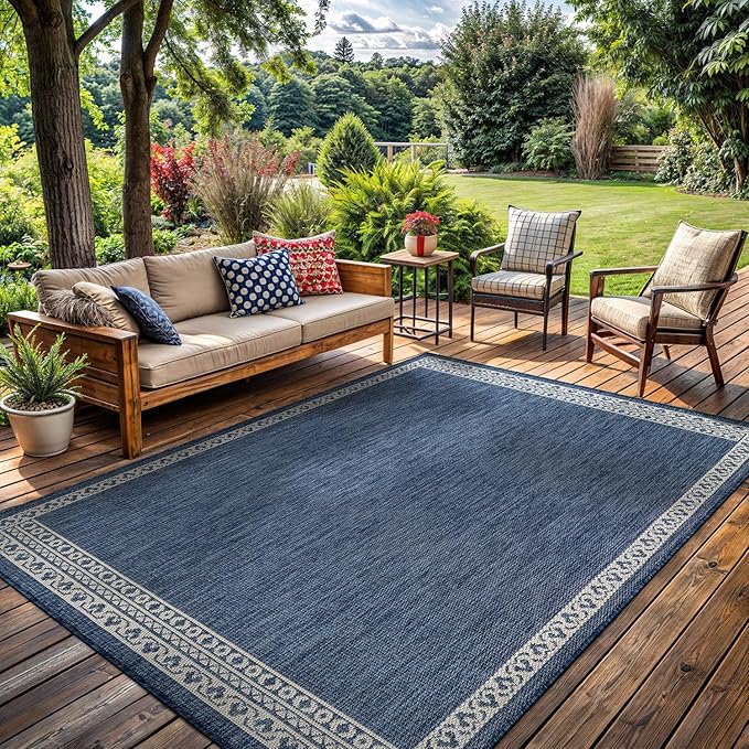 Washable Outdoor Rug 8x10 Modern Area Rugs Outdoor Carpets Bordered Pattern Non Shedding Waterproof Easy Clean Patio Deck Porch Living Room Bedroom Garden RV (8 X 10 Blue)