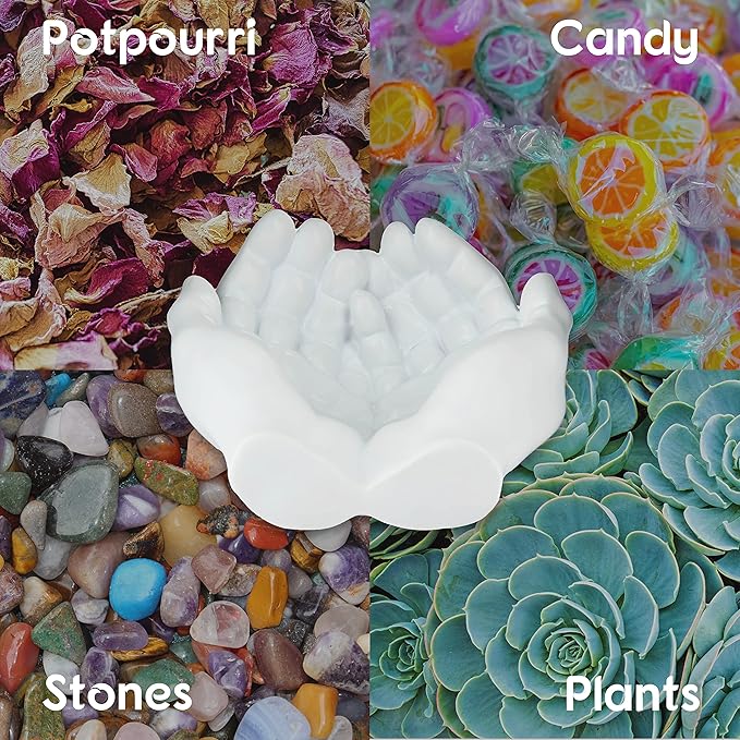 Hand Shaped Succulent Planter Pot - Crystal Holder Display - Air Plant Holder Hand Planter - Giving Hands Sculpture Decor - Key Bowl Ring Dish Trinket Dish Candy Dish - Candle Holder (White)