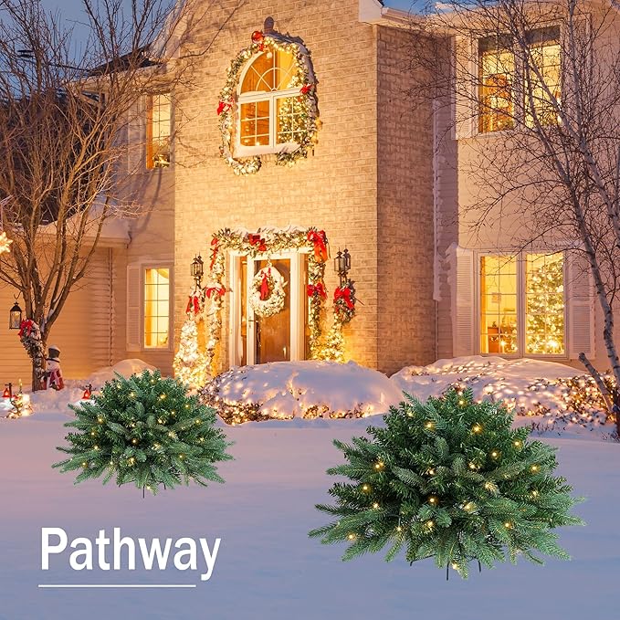 Christmas Planter Filler Tree Outdoor Prelit 2 Pack, 24" Urn Fillers for Porch Planters Pathway Battery Operated Light, Xmas Greenery Outside Decorations
