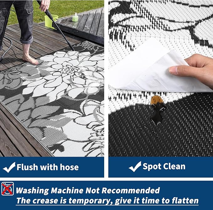 COZYLOOM Outdoor Plastic Straw Rug 8x10 Outdoor Patio Rug Waterproof Reversible UV Resistant Camping Mat, Foldable Lightweight RV Picnic Mat with Portable Bag, Modern Flower Carpet for Yard Porch Deck