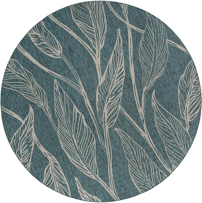 Unique Loom Outdoor Botanical Collection Area Rug - Leaf (13' Round, Teal/ Ivory)