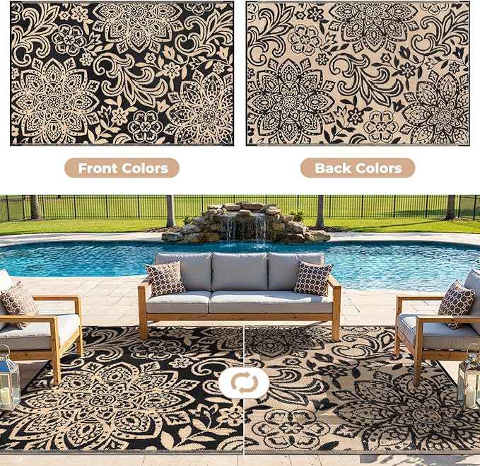 Findosom Waterproof Outdoor Rug 5' x 8' - Reversible Mandala Outdoor Plastic Straw Rug, Durable Foldable Patio Rug for RV, Deck, Balcony, Backyard, Picnic, Porch, Camping, Beach, Black