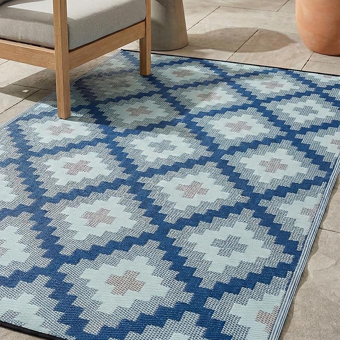 FH Home Outdoor Rug - Waterproof, Fade Resistant, Reversible - Premium Recycled Plastic - Geometric - Patio, Deck, Porch, Balcony, Laundry Room - Aztec Kilim - Blue Multi Crease Free - 5 x 8 ft