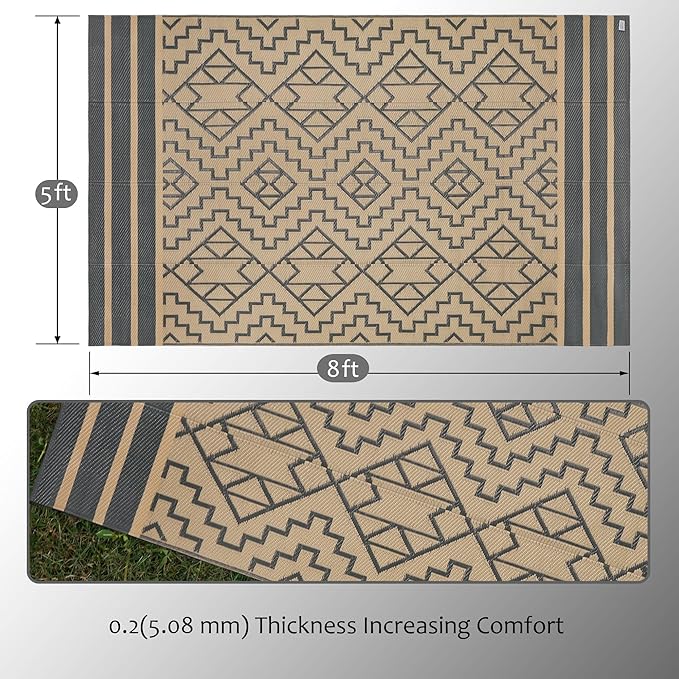 SAND MINE Reversible Mats, Plastic Straw Rug, Modern Area Rug, Large Floor Mat and Rug for Outdoors, RV, Patio, Backyard, Deck, Picnic, Beach, Trailer, Camping (5' x 8', Grey & Tan)