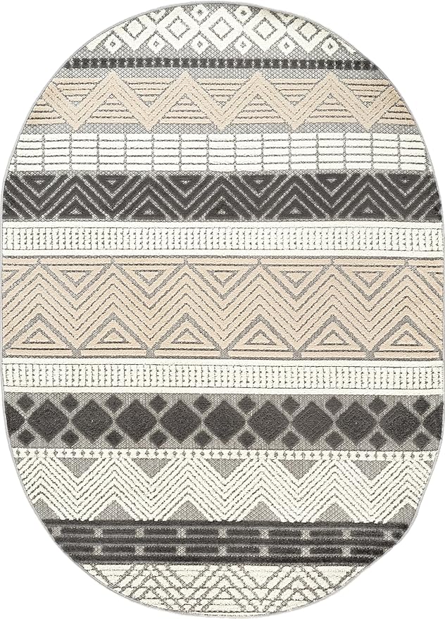 Rugshop Gray Marbella Boho Indoor/Outdoor Oval Area Rug, Machine Washable for Patio, Deck and Living Room 5' x 7' Oval