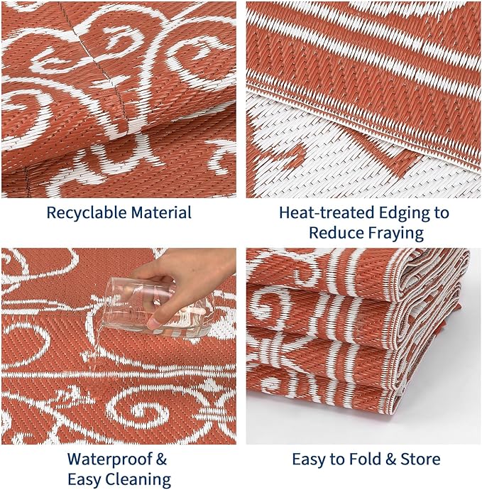 MilleLoomi Waterproof Plastic Straw Outdoor Rug 9x18 Patio Reversible UV Resistant Foldable Camping Carpet Vintage Large Outdoor Rugs for Deck, Picnic, Porch, Camper, Balcony, Beach，Orange