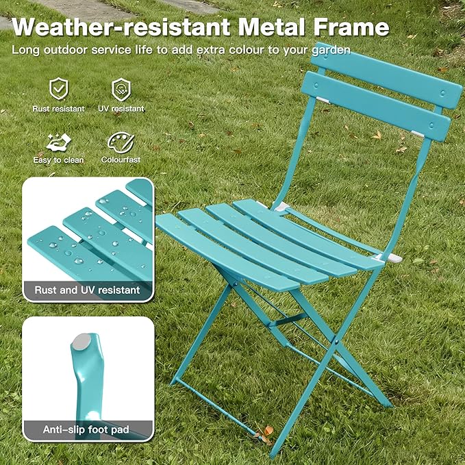 3 Piece Bistro Set, Folding Patio Furniture Set, Outdoor Table and Chairs Set for Patio, Garden, Balcony and Poolside，Peacock Blue
