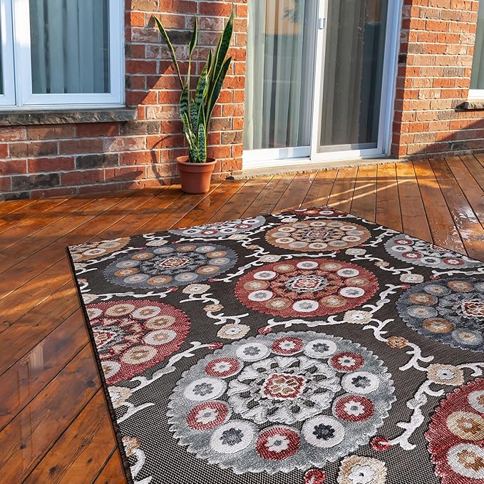 CAMILSON Indoor Outdoor Rug 8x10 Bohemian Medallion Floral Area Rugs for Indoor and Outdoor Patios Easy-Cleaning Non-Shedding Living Room Garden and Kitchen Washable Outside Carpet (8 x 10 / Brown)