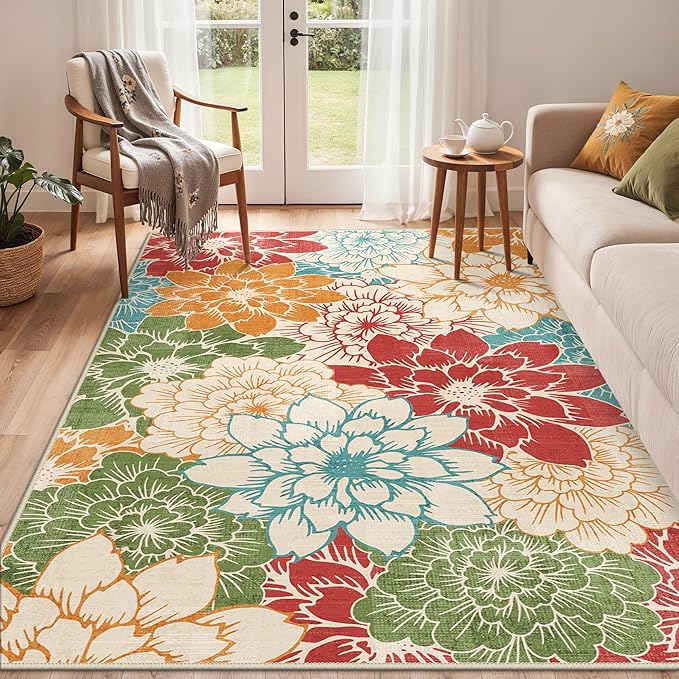 GENIMO Indoor Outdoor Area Rug 6'x9', Machine Washable Rugs for Patio, Waterproof, Non-Slip Easy Cleaning Floral Outdoor Mat Carpet for Living Room, Bedroom, RV, Balcony, Deck, Camping, Red
