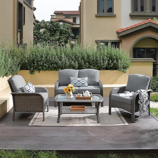 4-Piece Wicker Patio Furniture Set, All-Weather Rattan Conversation Bistro Loveseat Chair and Table Set for Backyard, Balcony and Deck with Soft Cushions and Metal Table(Dark Gray)