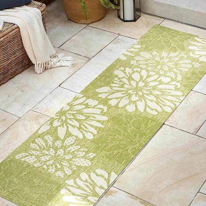 JONATHAN Y Floral Textured Weave Indoor Outdoor Runner Rug 2X8 Green/Cream, Zinnia Modern for Backyard, Patio, Porch, Easy-Cleaning, High Traffic, Pet-Friendly, Non-Shedding (SMB110H-28)