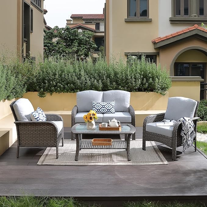 4-Piece Wicker Patio Furniture Set, All-Weather Rattan Conversation Bistro Loveseat Chair and Table Set for Backyard, Balcony and Deck with Soft Cushions and Metal Table(Gray)