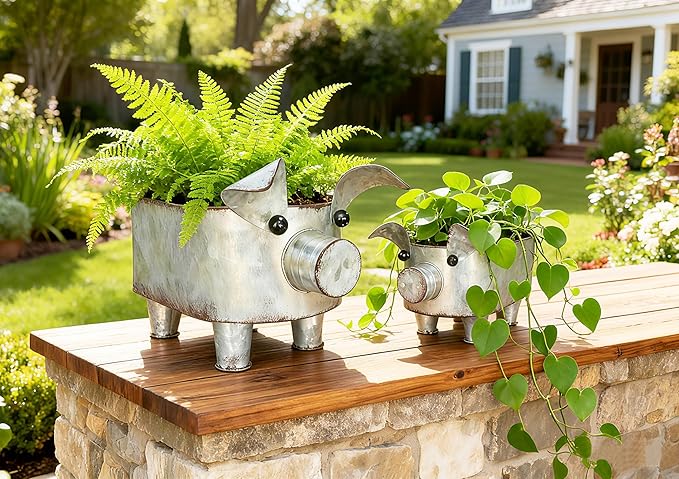 Galvanized Metal Pig Bowl Farmhouse Pig Storage Holder for Bathroom Kitchen Living Room Set of 2,Big and Small