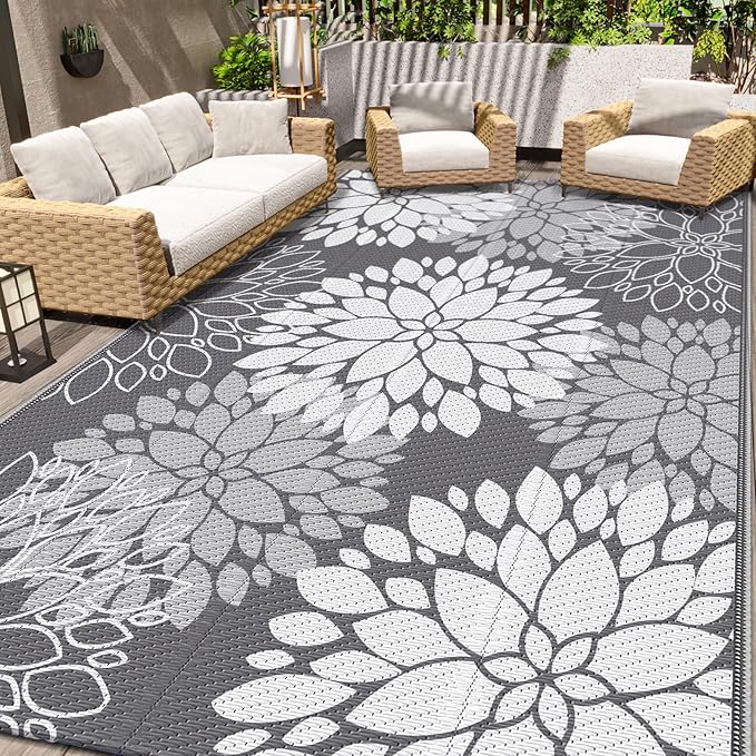 LuxStep Outdoor Rug Waterproof Outdoor Plastic Straw Rug Reversible Patio Rug Mat Outdoor Decor Large Area Mats for RV, Picnic, Backyard, Deck, Balcony, Porch, Beach, Camping, 6'x 9',Grey