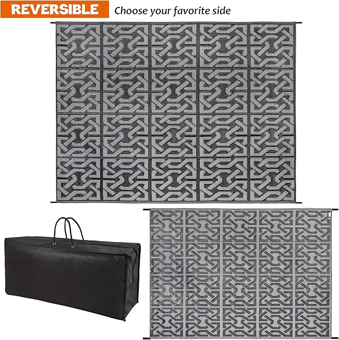 SAND MINE Reversible Mats, Plastic Straw Rug, Modern Area Rug, Large Floor Mat and Rug for Outdoors, RV, Patio, Backyard, Deck, Picnic, Beach, Trailer, Camping (9' x 12', Black & Grey)