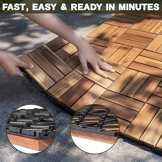 Acacia Wood Patio Deck Tiles - 27 Pcs 12 Slats Interlocking Decking Tiles for Patio Decor, Waterproof Indoor & Outdoor Use, Garden Decking Tile (12.2 x 12.2 x 0.7) - Natural