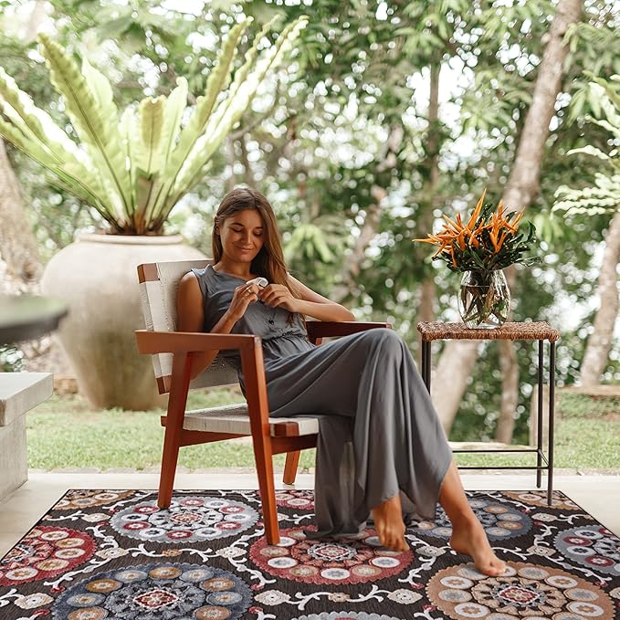 CAMILSON Indoor Outdoor Rug 10x14 Bohemian Medallion Floral Area Rugs for Indoor and Outdoor Patios Easy-Cleaning Non-Shedding Living Room Garden and Kitchen Washable Outside Carpet (10 x 14 / Brown)