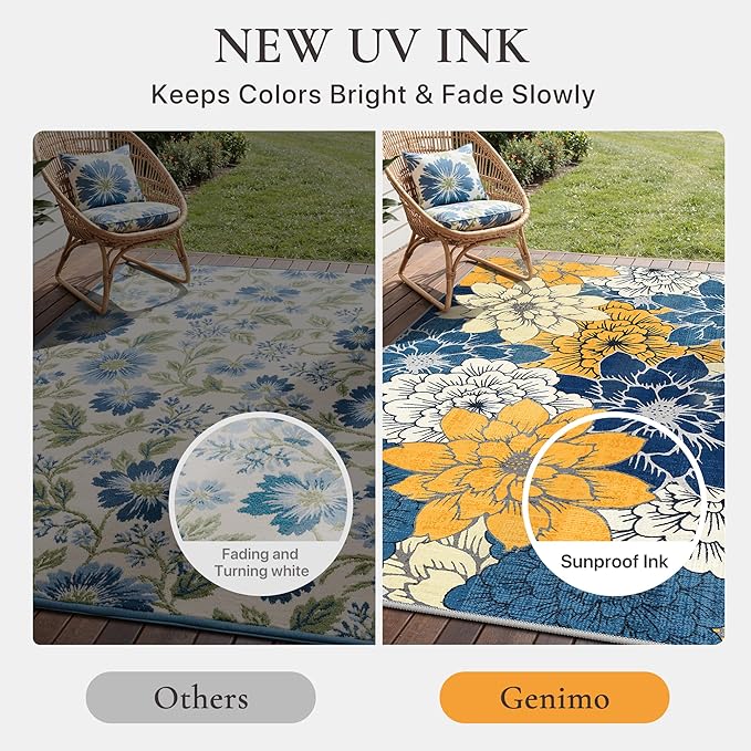GENIMO 2.5’x8’ Indoor Outdoor Runner Rug for Hallway, Washable Waterproof Bedside Rugs, Non-Slip, Floral Mat Carpet for Patio, Living Room, Bedroom, Balcony, Kitchen, Deck, Porch, Navy Blue