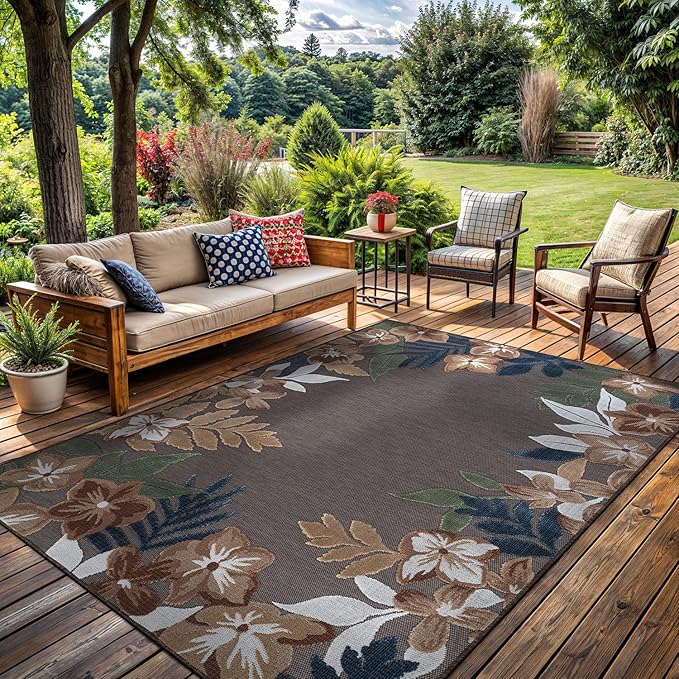 Outdoor Rug 5x7 Washable Area Rugs Indoor Outdoor Carpets Brown Border Floral Non Shedding Waterproof Easy Clean Patio Deck Porch Living Room Bedroom Garden RV (5 X 7 Brown)