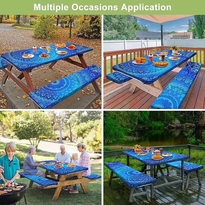 Picnic Table Cover with Bench Covers 6FT 3 Pcs Waterproof Windproof Aesthetic Camping Tablecloth with Drawstring Bag, Fitted for 6 Foot Rectangle Tables and Seats, 72 inch, Dark Blue Green
