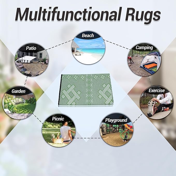 ARSUK Outdoor Patio Rug (5 x 3.3 ft) - Indoor and Plastic Outdoor Rug, Ideal for Garden, Camping, Balcony Carpet, Picnic, Backyard, Lightweight, Foldable, Recycled Plastic (Green Color)
