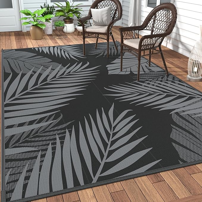 GENIMO Outdoor Rug 5' x 8' Waterproof for Patio Clearance, Reversible Plastic Straw Camping Carpet, Lightweight Mat for Rv, Camper, Deck, Porch, Picnic, Balcony, Beach, N.Black & Grey
