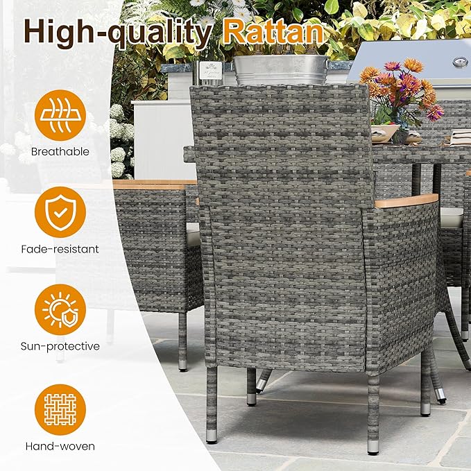 Wisteria Lane 10-Pieces Outdoor Patio Table and Chairs, Rattan Patio Table Set with Acacia Wood Tabletop, Patio Dining Furniture Set for 8 with Removable Cushions for Deck Garden Backyard, Grey