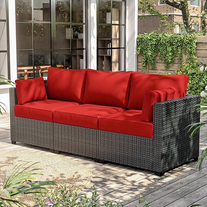 8-Piece Outdoor Cushions for Patio Furniture Thick Outdoor Chair Cushions Resilient Foam Waterproof Deep Seat Cushion Replacement for 3-Seat Sectional Sets Liner&Cover Red