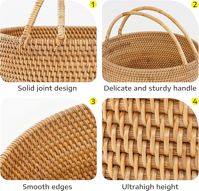 Rattan Picnic Basket with Handles, Round Wicker Gift Basket for Wedding, Camping(11"×11"×4")