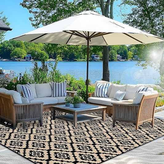 Wallona Outdoor Rugs 9x12 ft Patio Waterproof Clearance Indoor Outdoor Large Carpet for Patio Plastic Straw Reversible Area Rugs Mat for RV, Camping, Balcony, Beach, Picnic, Porch, Brick Black & Beige