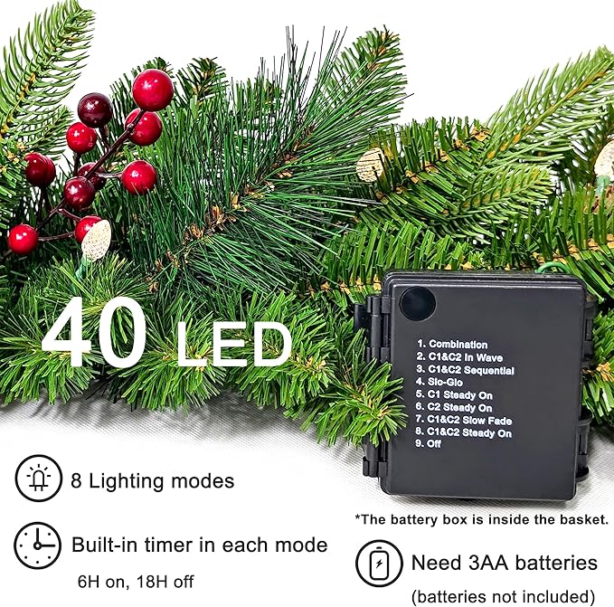 18 Inches Pre-lit Artificial Christmas Hanging Basket with Red Berries, Pine Cones,40 C3 Dual-Color Multi-Functional Battery Operated LED Lights with Timer