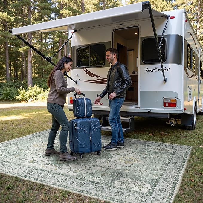 GENIMO Outdoor & Indoor Area Rug 5'x8', Waterproof, Non-Shedding, Easy Cleaning, Boho Mat for Patio, Living Room, Balcony, Dining Room, RV, Deck, Bedroom, Camping, Outside Carpet,Light Green