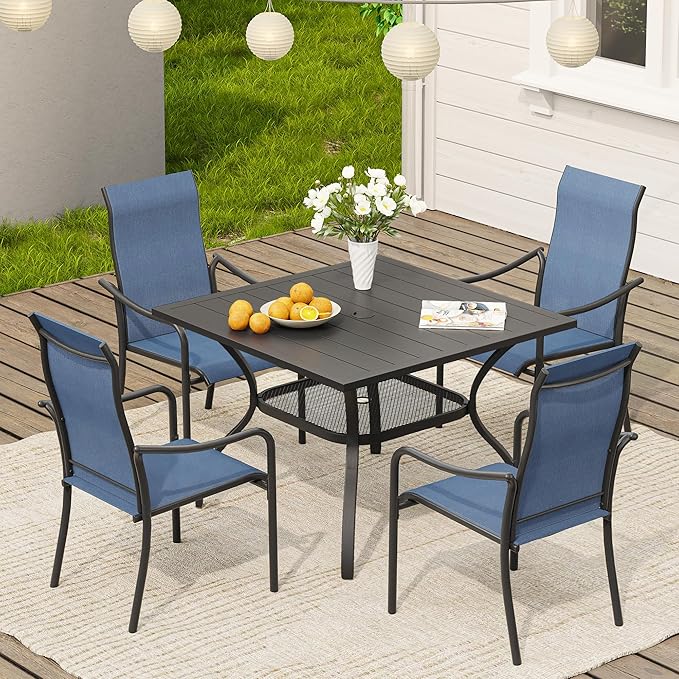 VICLLAX Patio Stackable Dining Chairs Set of 4, Outdoor Sling Chairs with Breathable Fabric and High Back for Balcony Porch Backyard, Dark Blue