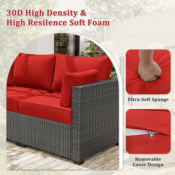 8-Piece Outdoor Cushions for Patio Furniture Thick Outdoor Chair Cushions Resilient Foam Waterproof Deep Seat Cushion Replacement for 3-Seat Sectional Sets Liner&Cover Red