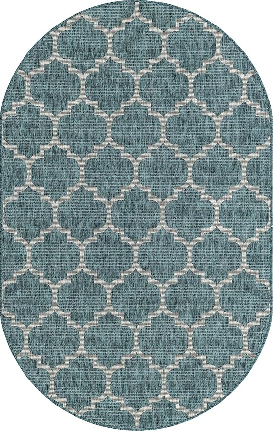 Unique Loom Outdoor Trellis Collection Area Rug (5' 1" x 8' Oval, Teal/ Gray)