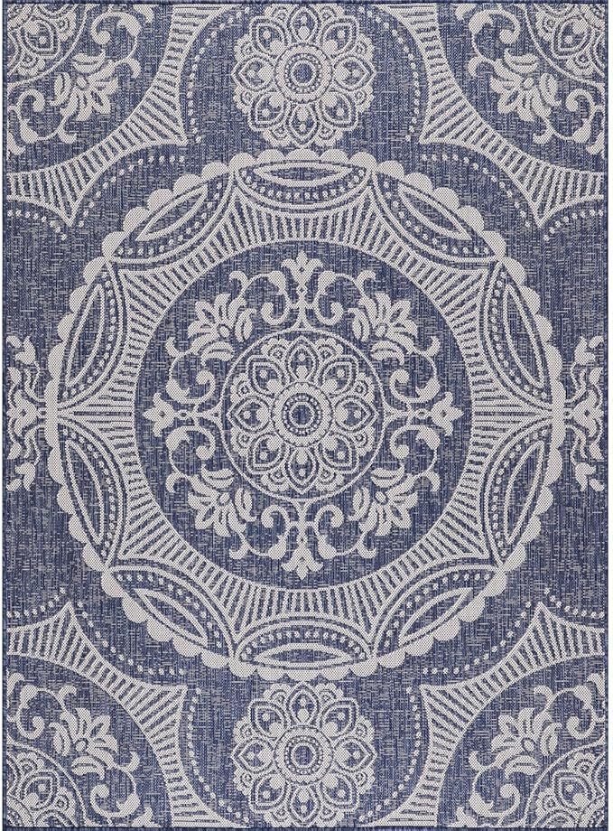 Medallion Outdoor Rug 10x14 Washable Outside Carpet for Indoor Patio Porch Waterproof Easy Cleaning Non Shedding Area Rugs Blue 10 x 14
