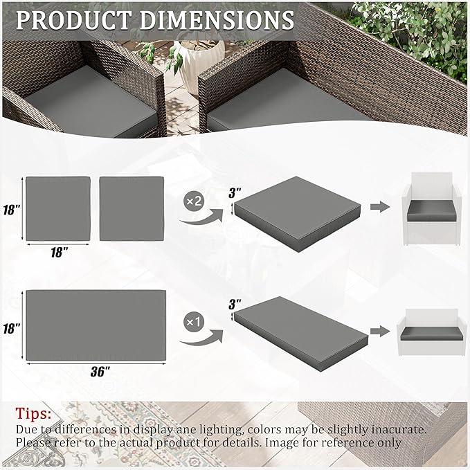 3 Pack Outdoor Replacement Cushions,36L x 18W x 3H,18L x 18W x 3H inch, High-Elastic Replacement Sponge for 4-Seater Water-Resistant Patio/Sofa with Removable Covers (Light Grey)