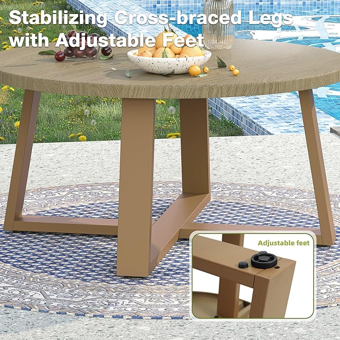 Indoor Round Coffee Table with 35.5” Woodgrain Finish Table Top, Outdoor Metal Modern Side Table 125lbs for Backyard Porch Balcony Living Room, Brown