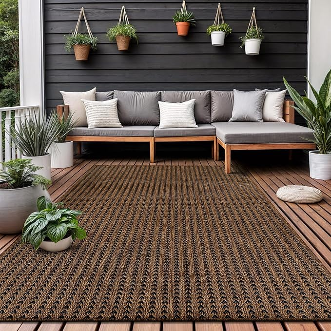 Washable Outdoor Rug 6x9 Modern Area Rugs Outdoor Carpets Striped Pattern Non Shedding Waterproof Easy Clean Patio Deck Porch Living Room Bedroom Garden RV (6 X 9 Gold)