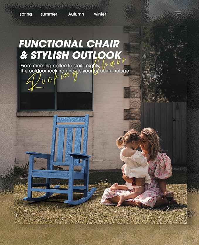 KINGYES Outdoor Rocking Chair Set of 2, All-Weather Patio Rocking Chairs for Porch, HDPE Rocking Outdoor Chairs with High Back for Adult, Heavy Duty Outdoor Patio Rockers for Garden, Lawn, Blue