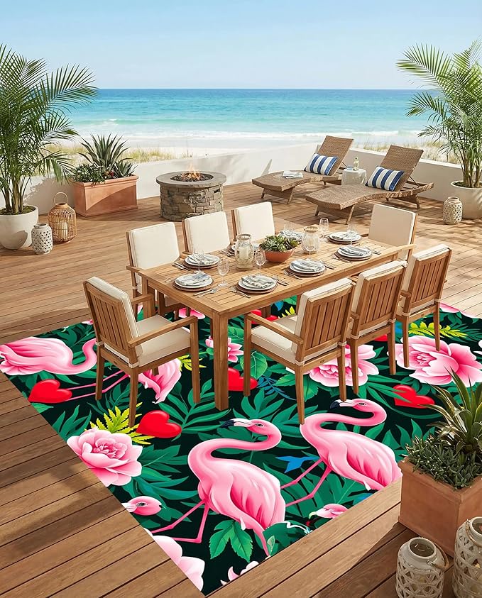Tropical Flamingo Outdoor Rug 6x9 Emerald Green Pink Peony Flower Pattern Vibrant Floral Print Outside Rugs for Patio Balcony Deck Garden Modern Washable Waterproof RV Camping Backyard Mat