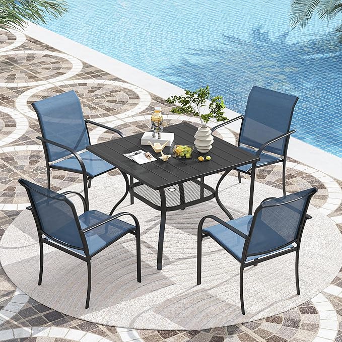 VICLLAX Patio Stackable Dining Chairs Set for 4, Outdoor Sling Chairs with Metal Frame for Front Porch Balcony Backyard Garden and Deck, Dark Blue