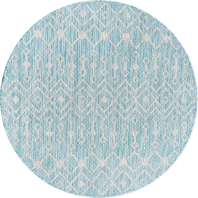 Unique Loom Outdoor Trellis Collection Area Rug - Tribal Trellis (3' 3" Round, Aqua/ Ivory)