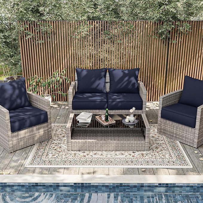 Outdoor Patio Chair Cushions Set 22 L X 24 W X 4 H Waterproof & Fade Resistant Deep Seat and Back Cushions with Removable Covers Outdoor Seat Cushion Set for Chairs and Sofas